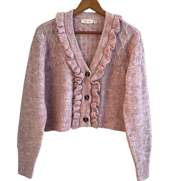 Ruffled Cropped Boxy Cardigan S Pink Cottagecore Fairy Soft Girl Preppy Feminine - Picture 1 of 9